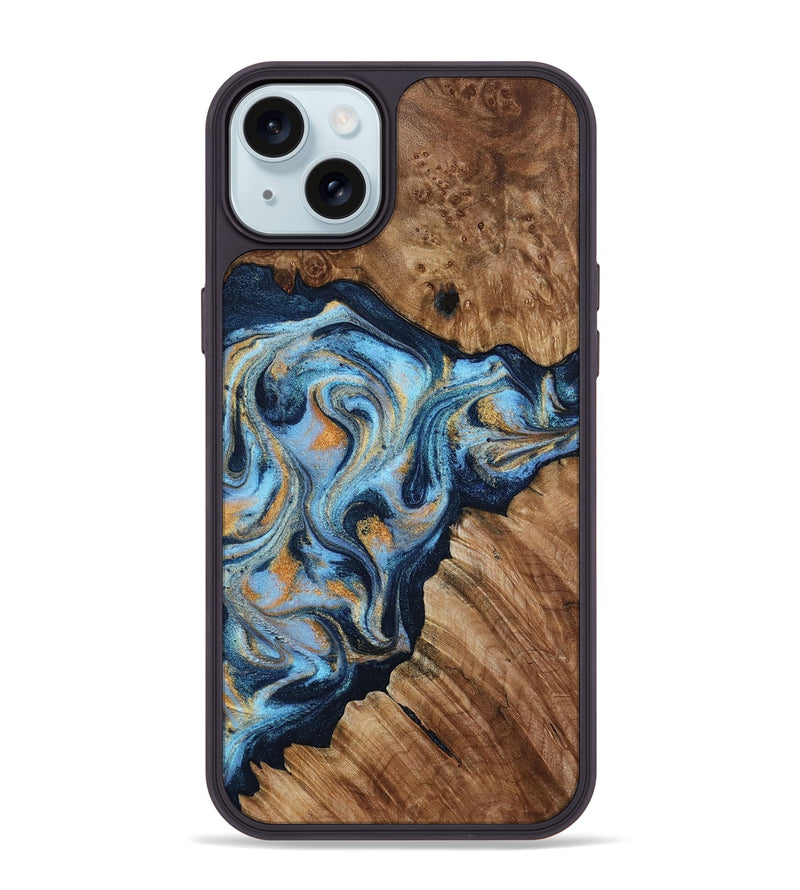 iPhone 15 Plus Wood Phone Case - Cortney (Teal & Gold, 800079)