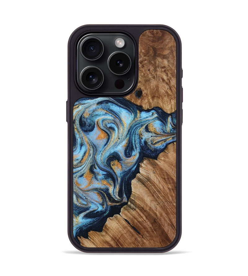 iPhone 15 Pro Wood Phone Case - Cortney (Teal & Gold, 800079)
