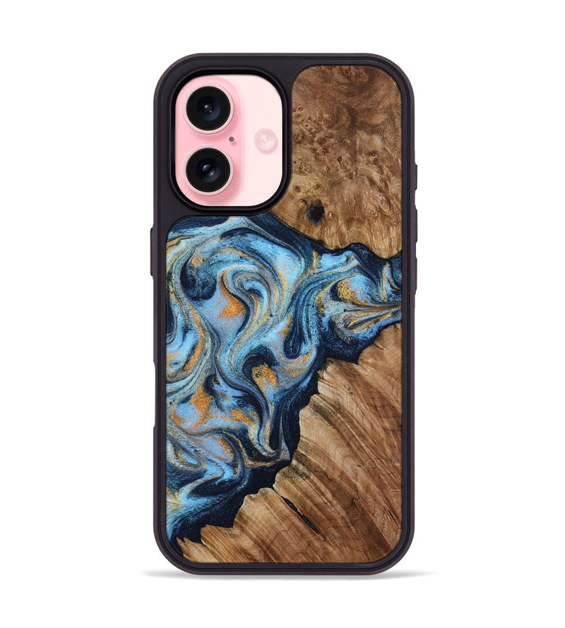 iPhone 16 Wood Phone Case - Cortney (Teal & Gold, 800079)