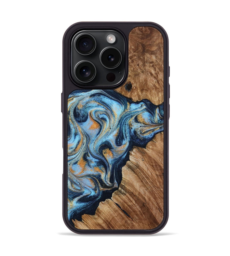 iPhone 16 Pro Wood Phone Case - Cortney (Teal & Gold, 800079)