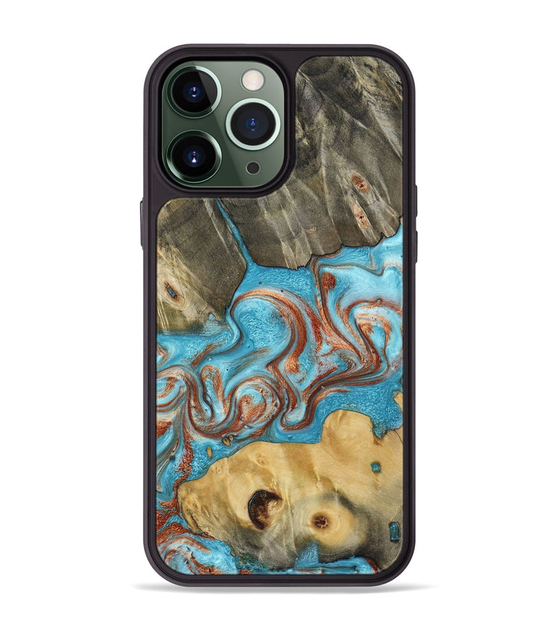 iPhone 13 Pro Max Wood Phone Case - Meadow (Teal & Gold, 800080)