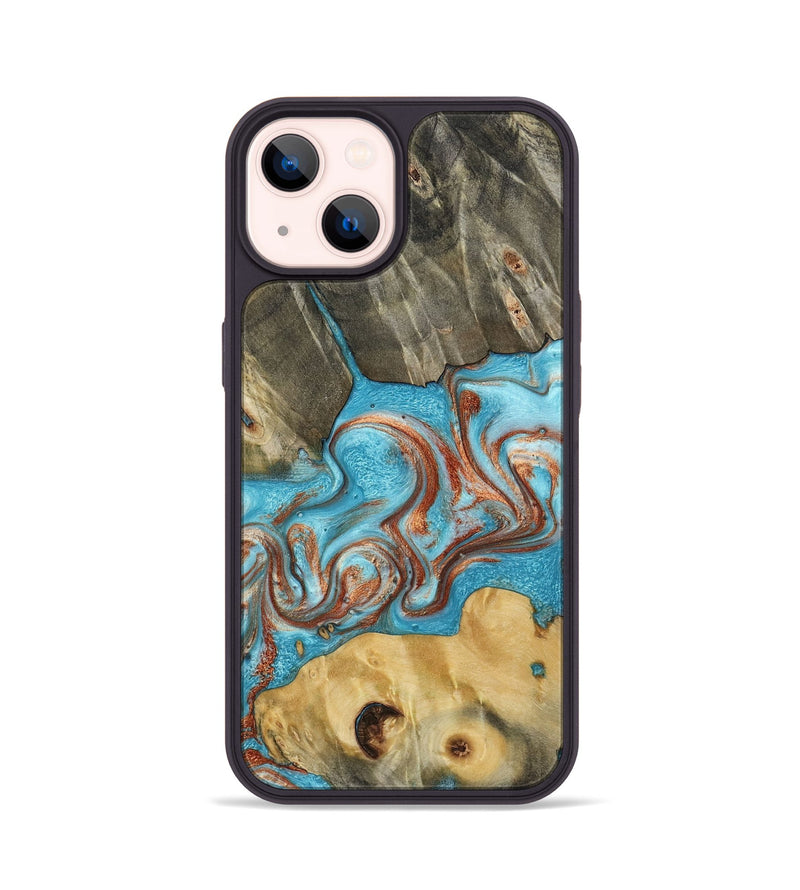 iPhone 14 Wood Phone Case - Meadow (Teal & Gold, 800080)