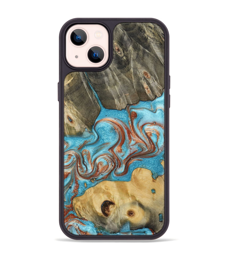 iPhone 14 Plus Wood Phone Case - Meadow (Teal & Gold, 800080)