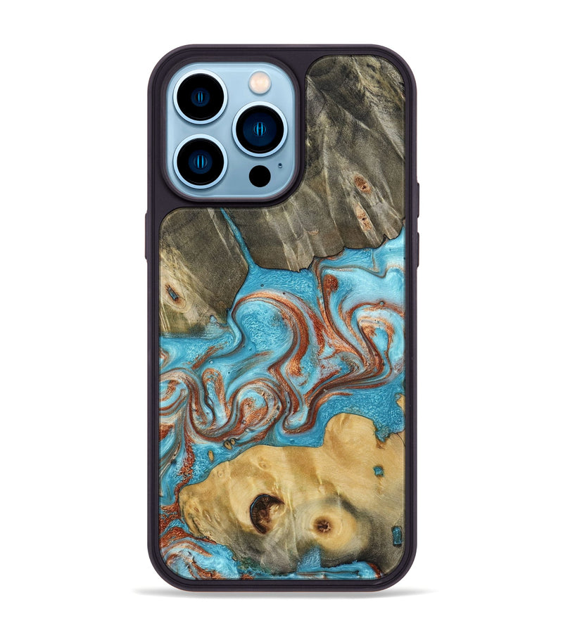 iPhone 14 Pro Max Wood Phone Case - Meadow (Teal & Gold, 800080)