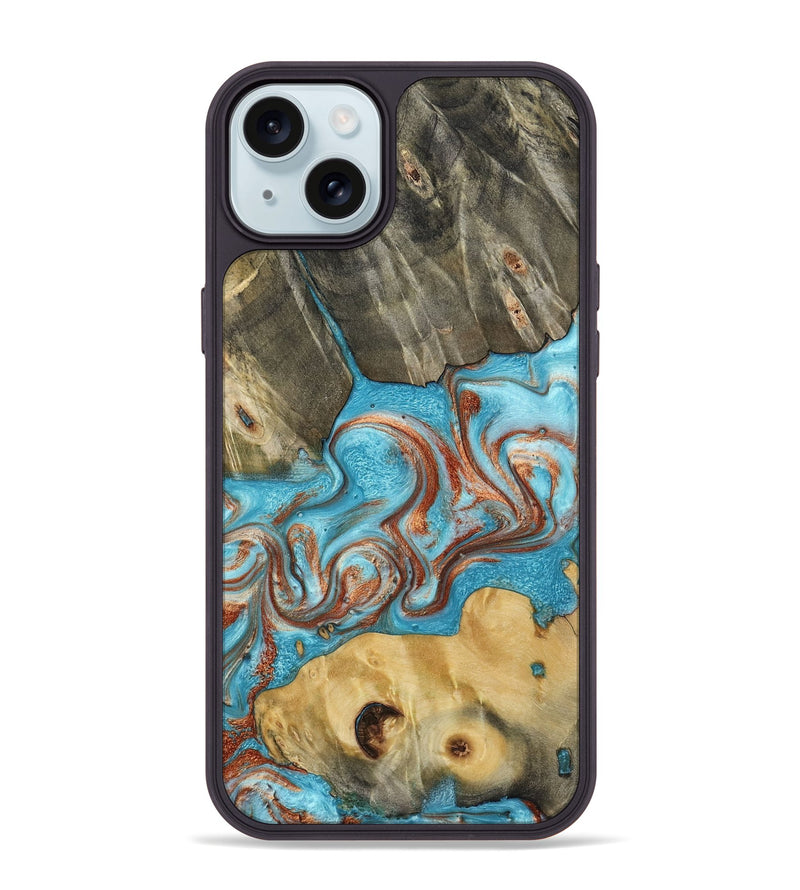 iPhone 15 Plus Wood Phone Case - Meadow (Teal & Gold, 800080)