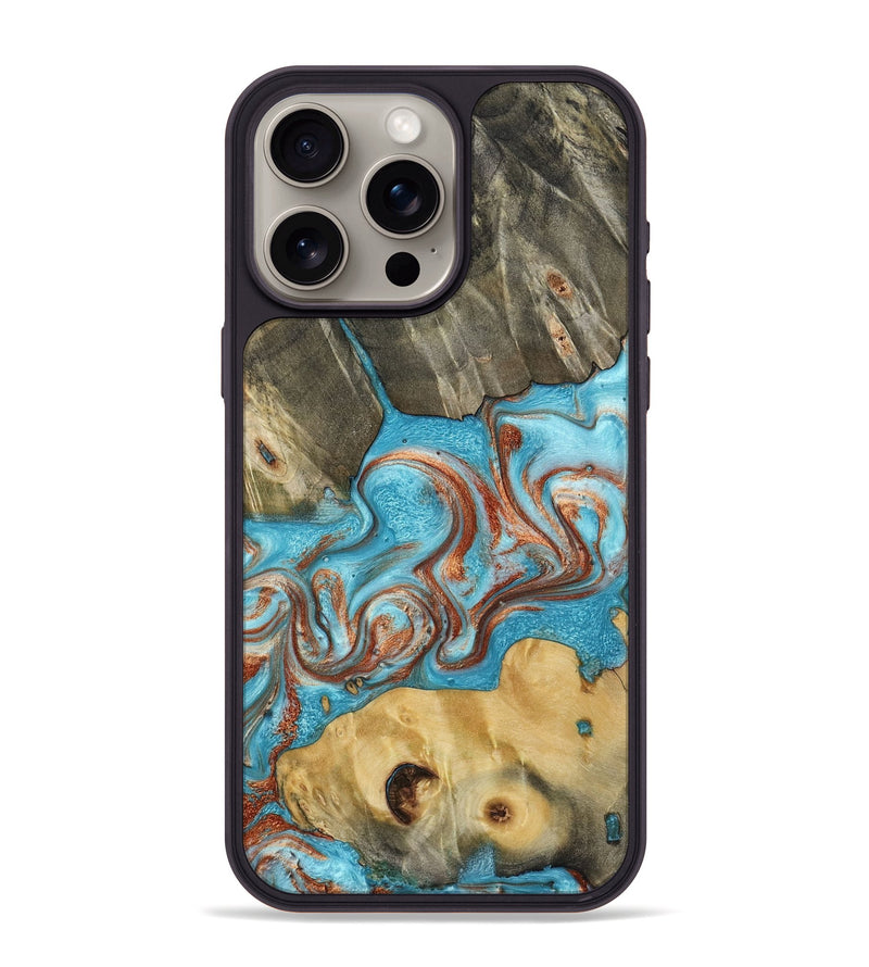 iPhone 15 Pro Max Wood Phone Case - Meadow (Teal & Gold, 800080)