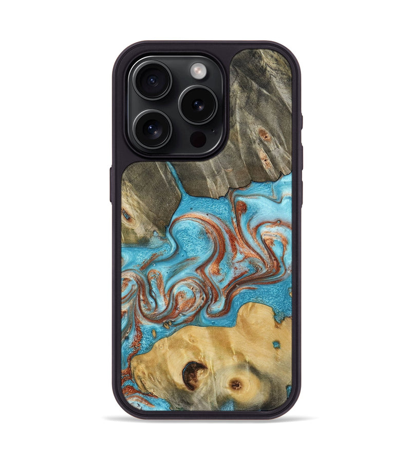 iPhone 15 Pro Wood Phone Case - Meadow (Teal & Gold, 800080)