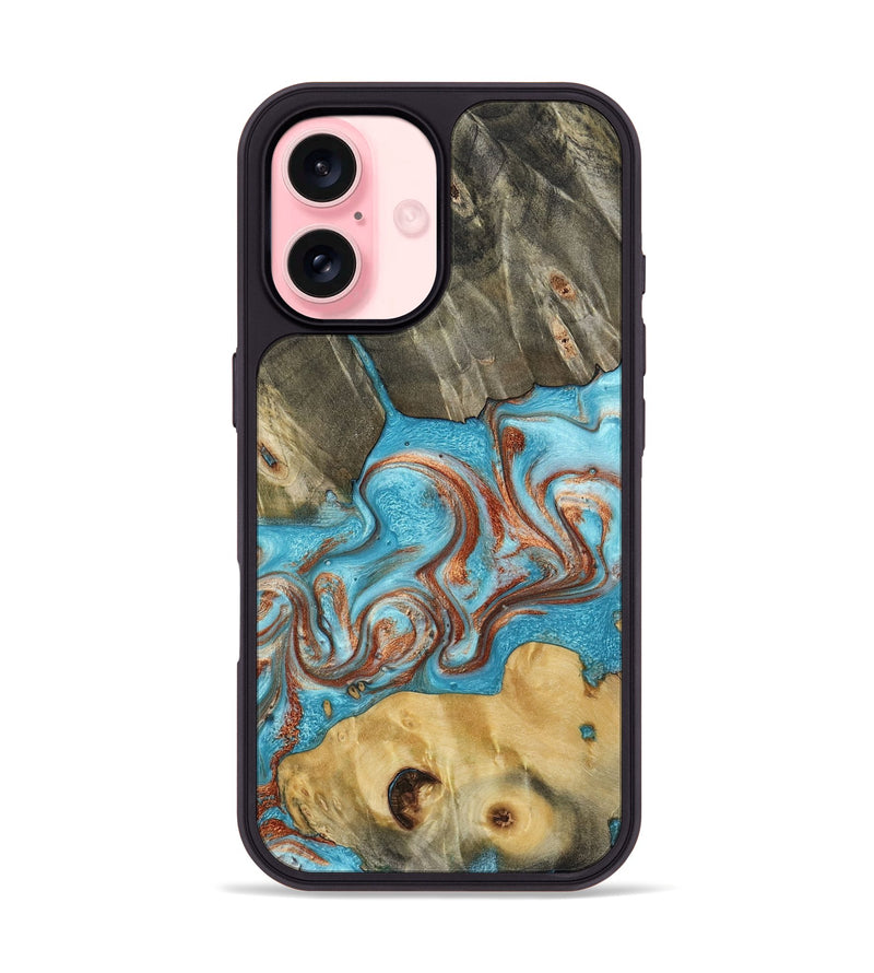 iPhone 16 Wood Phone Case - Meadow (Teal & Gold, 800080)