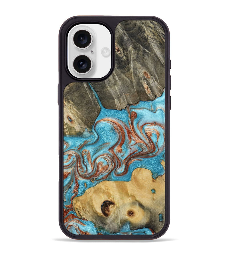 iPhone 16 Plus Wood Phone Case - Meadow (Teal & Gold, 800080)
