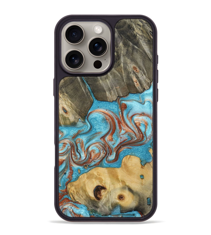 iPhone 16 Pro Max Wood Phone Case - Meadow (Teal & Gold, 800080)