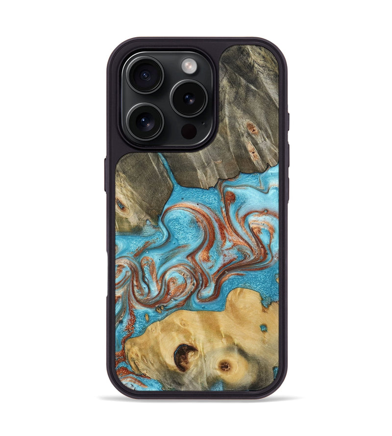 iPhone 16 Pro Wood Phone Case - Meadow (Teal & Gold, 800080)