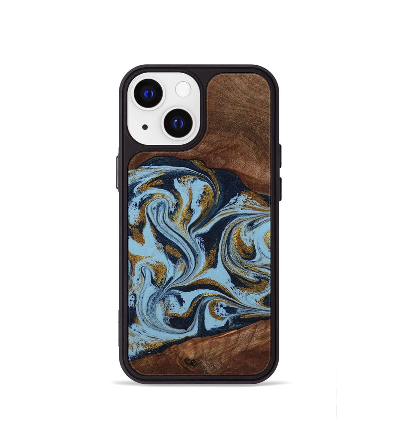iPhone 13 mini Wood Phone Case - Karol (Teal & Gold, 800081)