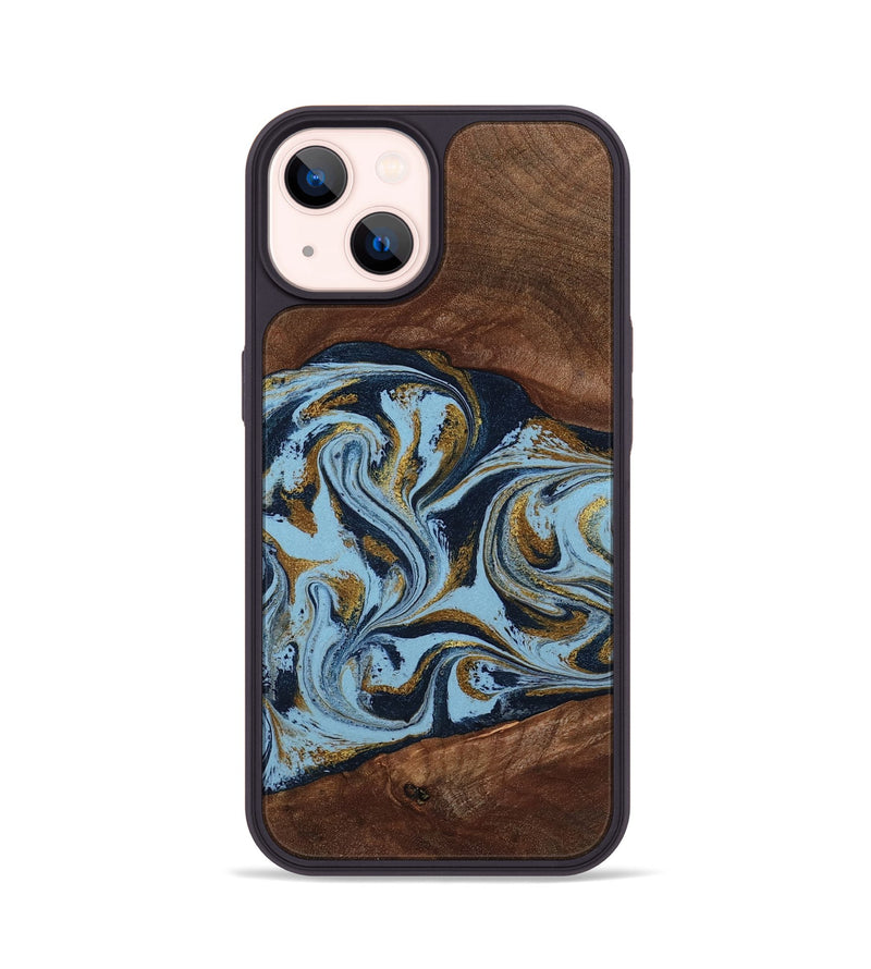 iPhone 14 Wood Phone Case - Karol (Teal & Gold, 800081)