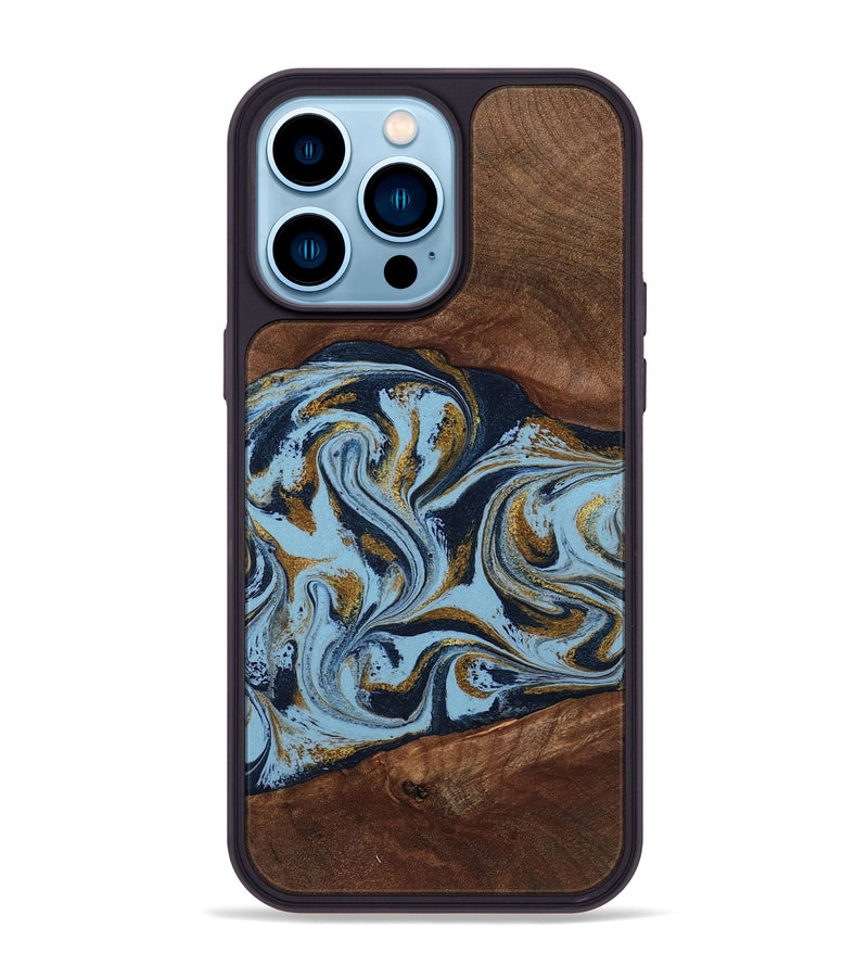 iPhone 14 Pro Max Wood Phone Case - Karol (Teal & Gold, 800081)