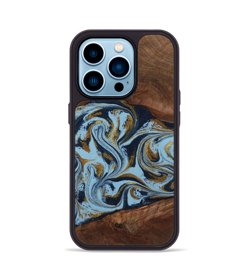 iPhone 14 Pro Wood Phone Case - Karol (Teal & Gold, 800081)