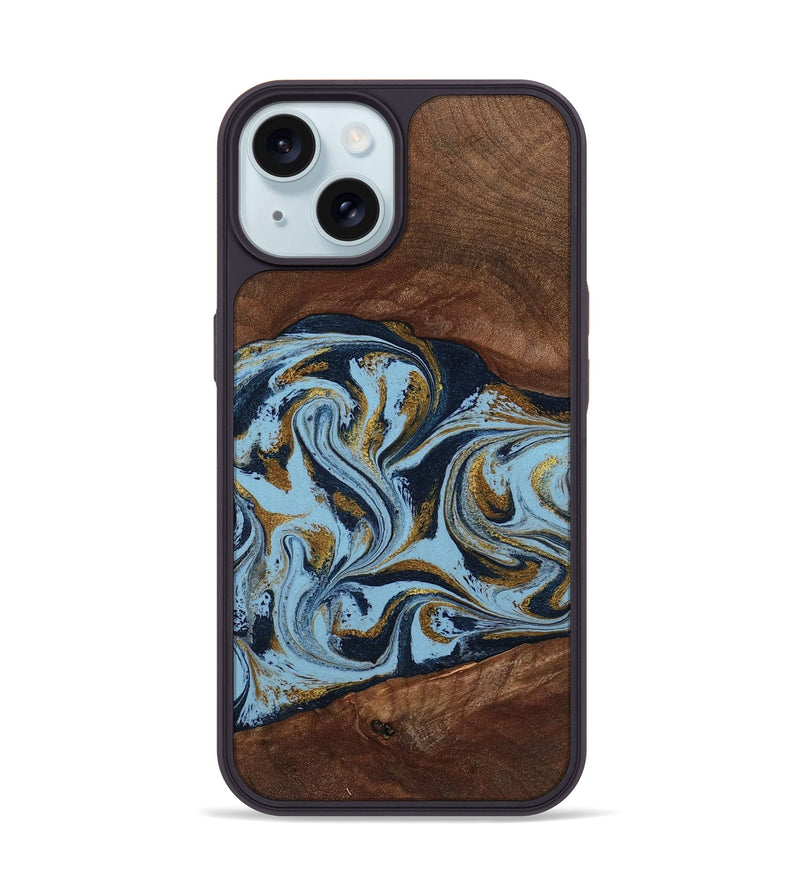 iPhone 15 Wood Phone Case - Karol (Teal & Gold, 800081)