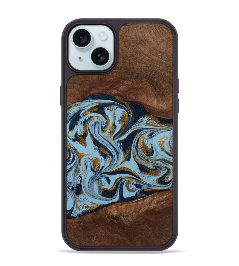 iPhone 15 Plus Wood Phone Case - Karol (Teal & Gold, 800081)