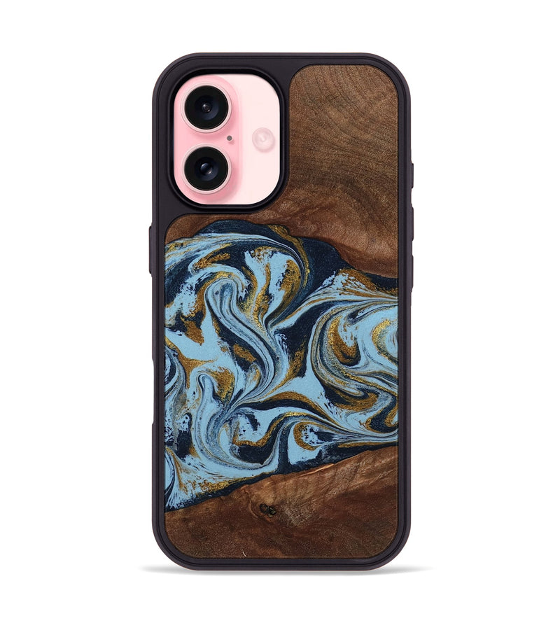 iPhone 16 Wood Phone Case - Karol (Teal & Gold, 800081)