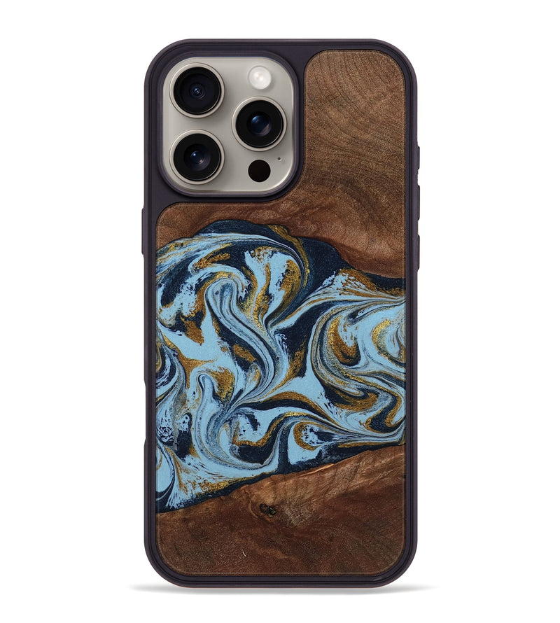 iPhone 16 Pro Max Wood Phone Case - Karol (Teal & Gold, 800081)