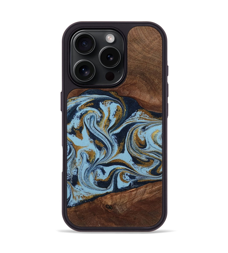 iPhone 16 Pro Wood Phone Case - Karol (Teal & Gold, 800081)