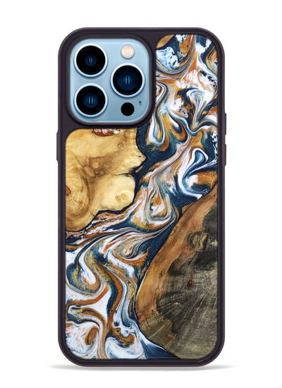 iPhone 14 Pro Max Wood Phone Case - Esta (Teal & Gold, 800083)