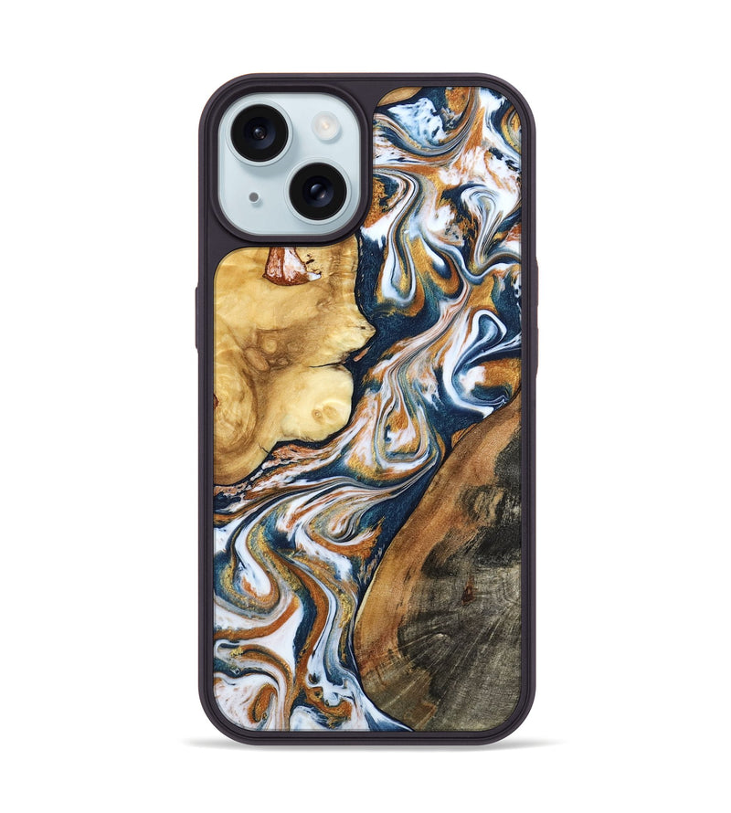 iPhone 15 Wood Phone Case - Esta (Teal & Gold, 800083)