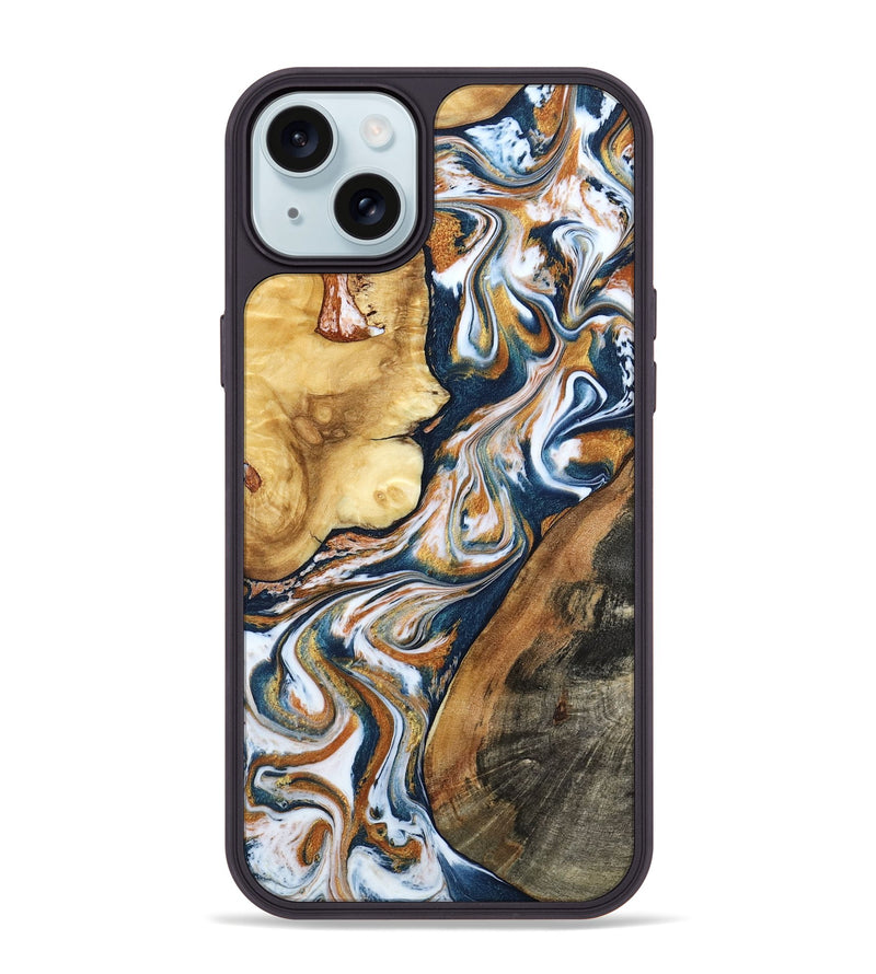 iPhone 15 Plus Wood Phone Case - Esta (Teal & Gold, 800083)