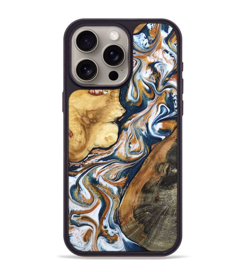 iPhone 15 Pro Max Wood Phone Case - Esta (Teal & Gold, 800083)