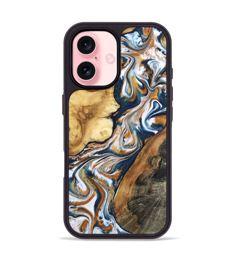 iPhone 16 Wood Phone Case - Esta (Teal & Gold, 800083)
