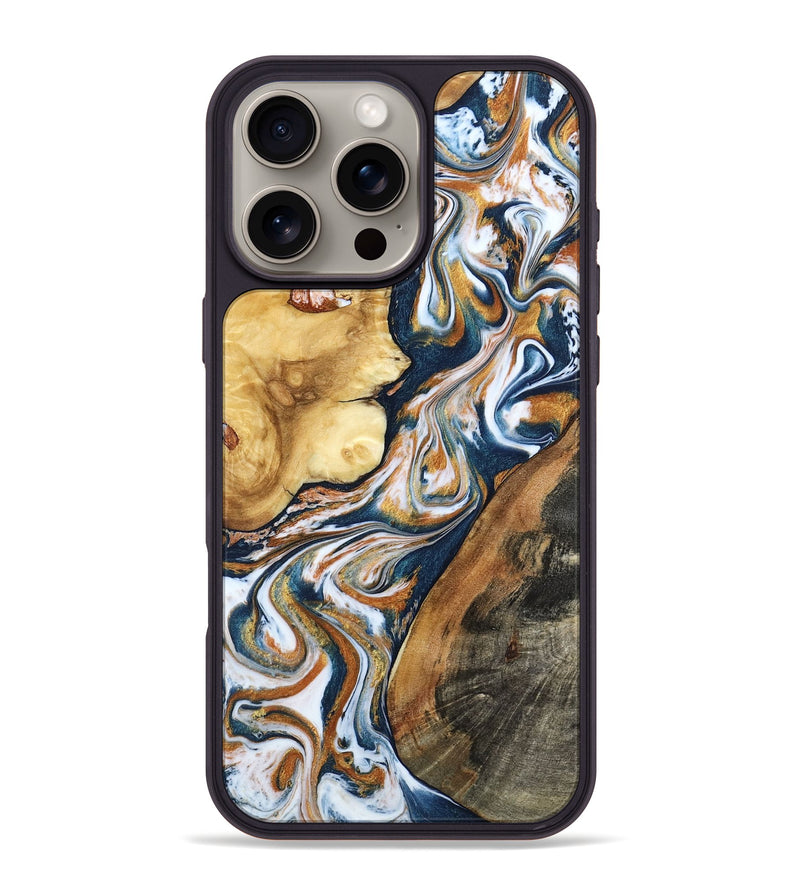 iPhone 16 Pro Max Wood Phone Case - Esta (Teal & Gold, 800083)
