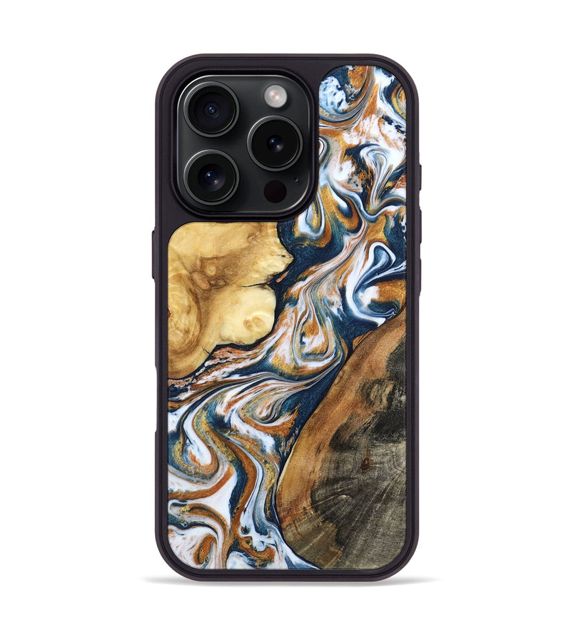 iPhone 16 Pro Wood Phone Case - Esta (Teal & Gold, 800083)
