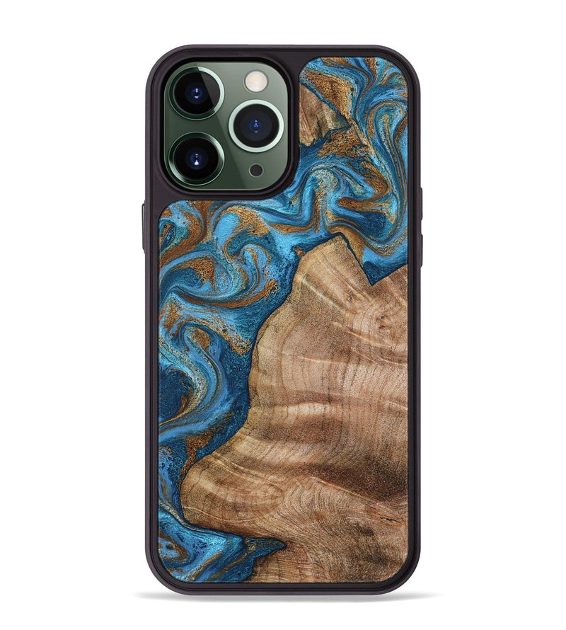 iPhone 13 Pro Max Wood Phone Case - Julisa (Teal & Gold, 800084)