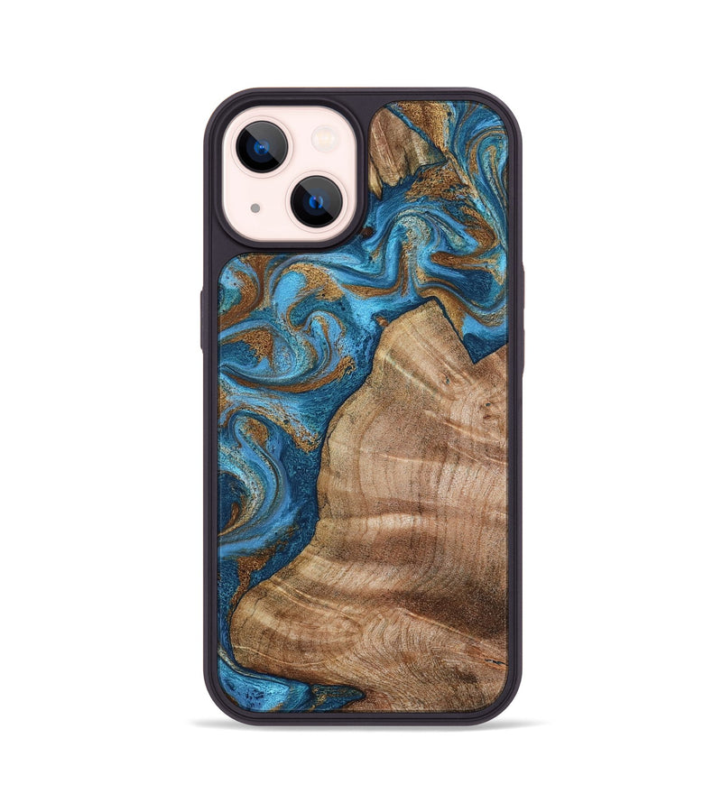 iPhone 14 Wood Phone Case - Julisa (Teal & Gold, 800084)