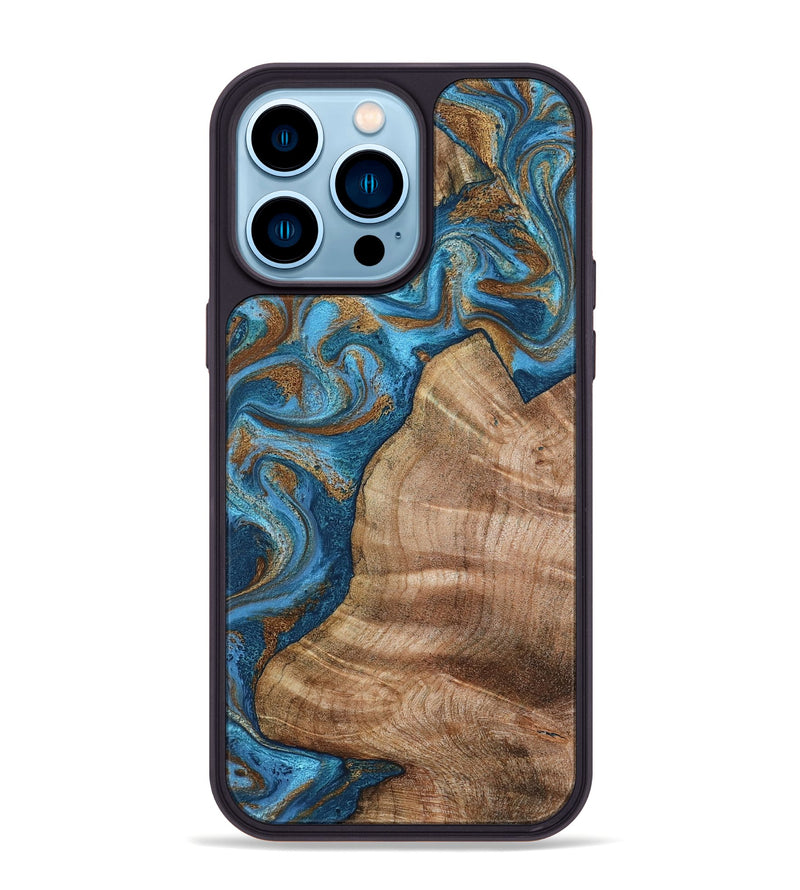 iPhone 14 Pro Max Wood Phone Case - Julisa (Teal & Gold, 800084)