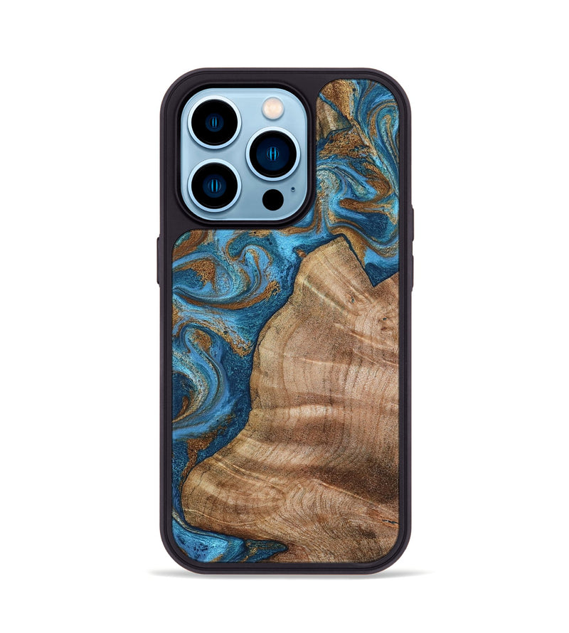 iPhone 14 Pro Wood Phone Case - Julisa (Teal & Gold, 800084)