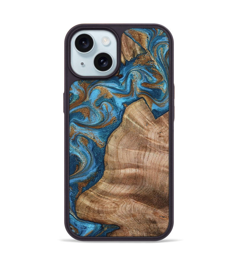 iPhone 15 Wood Phone Case - Julisa (Teal & Gold, 800084)