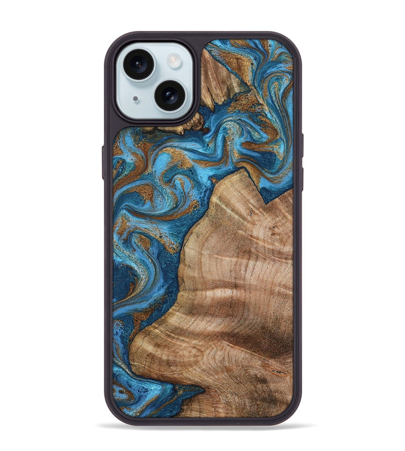 iPhone 15 Plus Wood Phone Case - Julisa (Teal & Gold, 800084)