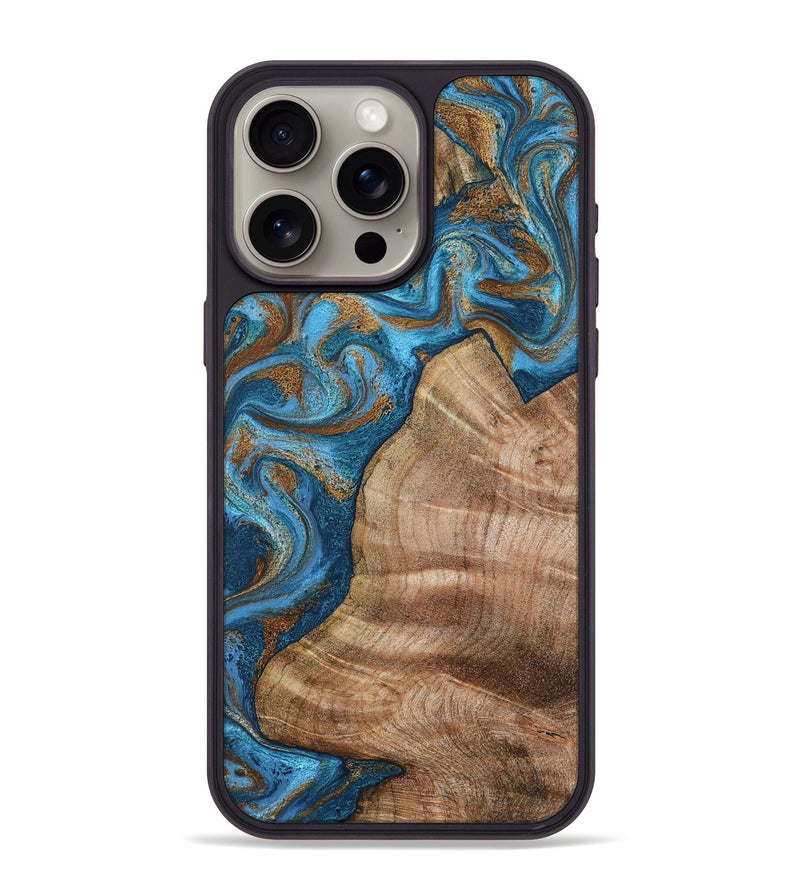 iPhone 15 Pro Max Wood Phone Case - Julisa (Teal & Gold, 800084)