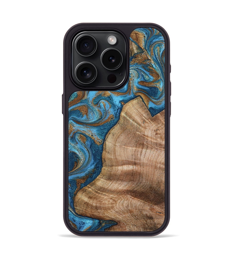 iPhone 15 Pro Wood Phone Case - Julisa (Teal & Gold, 800084)