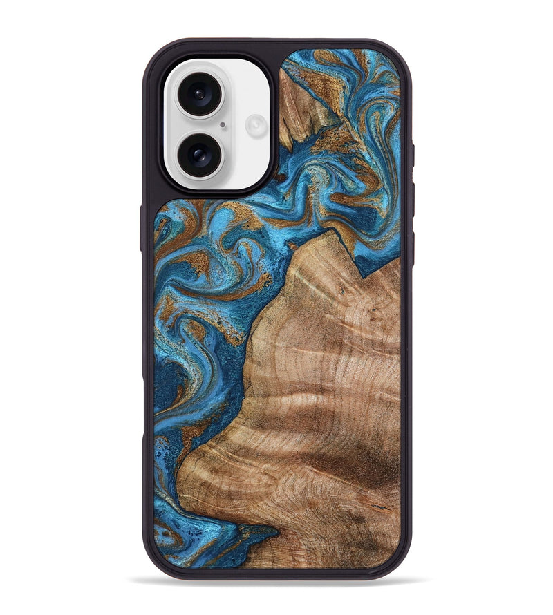 iPhone 16 Plus Wood Phone Case - Julisa (Teal & Gold, 800084)