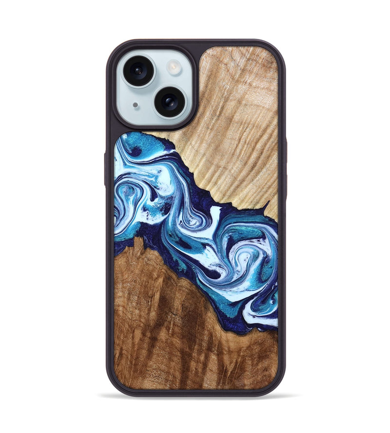 iPhone 15 Wood Phone Case - Maira (Blue, 800198)