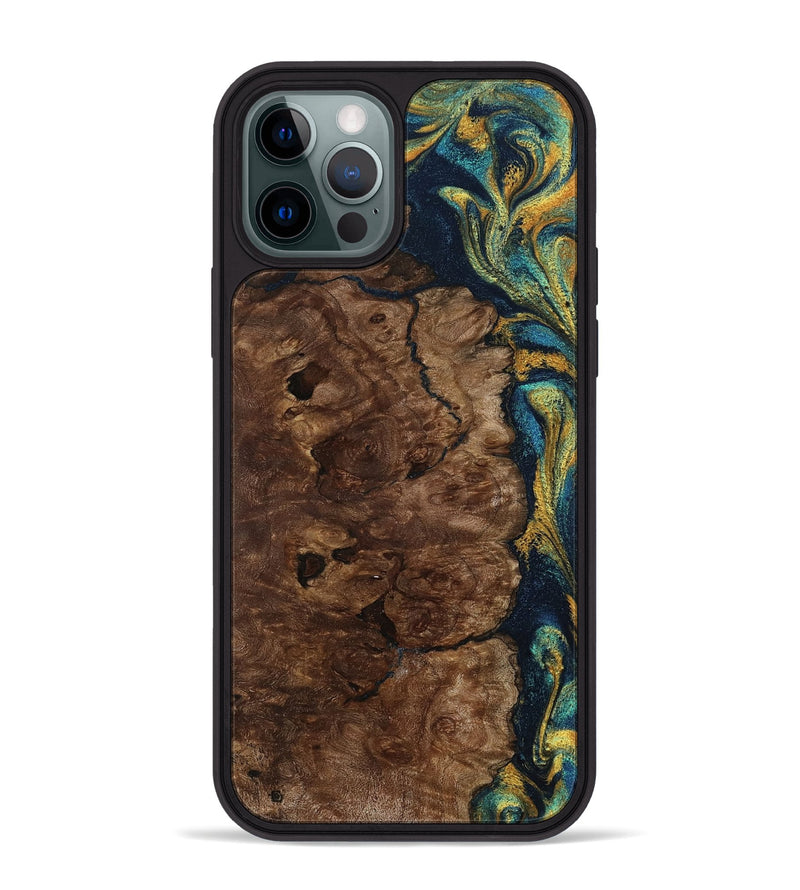 iPhone 12 Pro Max Wood Phone Case - Kamari (Teal & Gold, 800422)