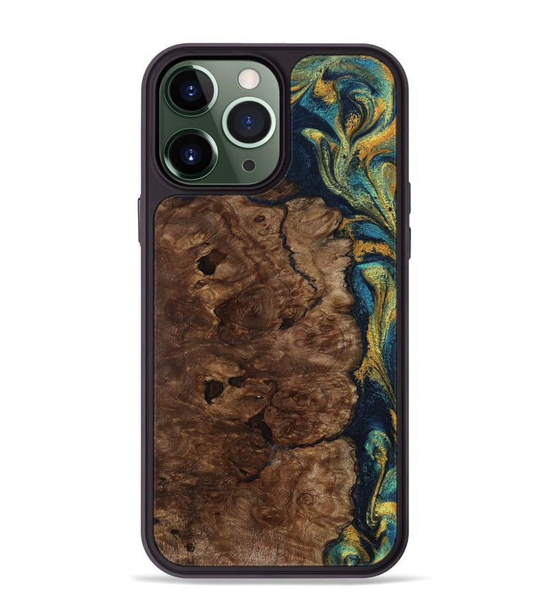 iPhone 13 Pro Max Wood Phone Case - Kamari (Teal & Gold, 800422)