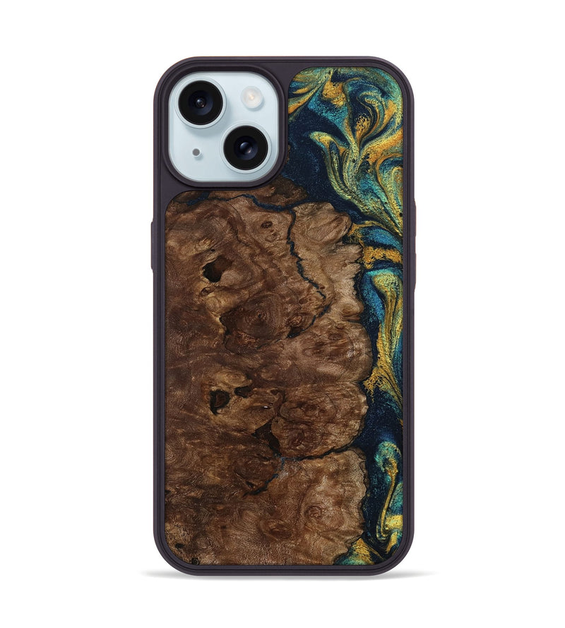 iPhone 15 Wood Phone Case - Kamari (Teal & Gold, 800422)