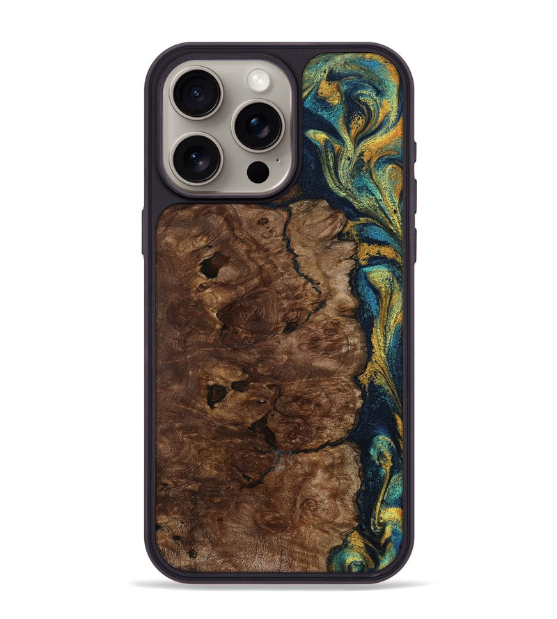 iPhone 15 Pro Max Wood Phone Case - Kamari (Teal & Gold, 800422)