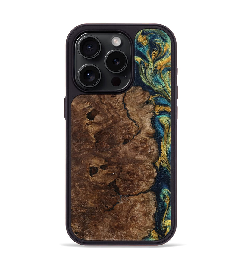 iPhone 15 Pro Wood Phone Case - Kamari (Teal & Gold, 800422)
