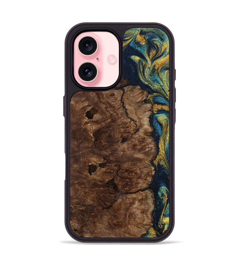 iPhone 16 Wood Phone Case - Kamari (Teal & Gold, 800422)