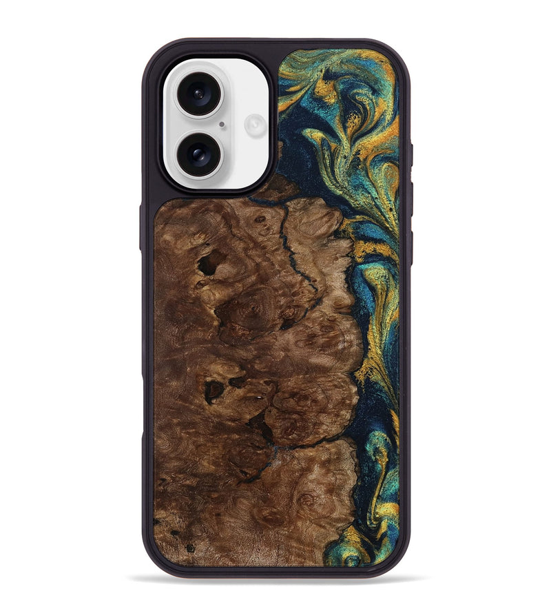 iPhone 16 Plus Wood Phone Case - Kamari (Teal & Gold, 800422)