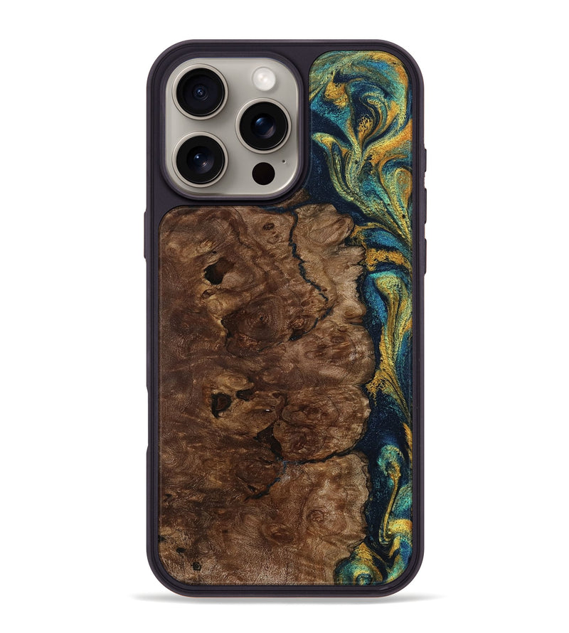 iPhone 16 Pro Max Wood Phone Case - Kamari (Teal & Gold, 800422)