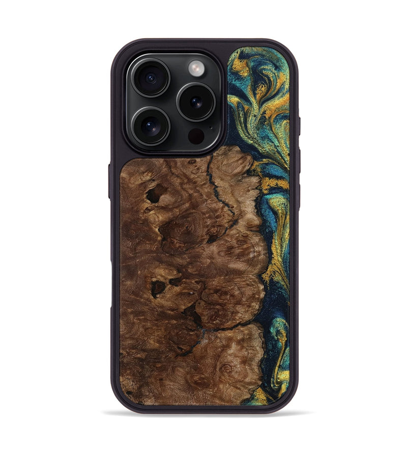 iPhone 16 Pro Wood Phone Case - Kamari (Teal & Gold, 800422)